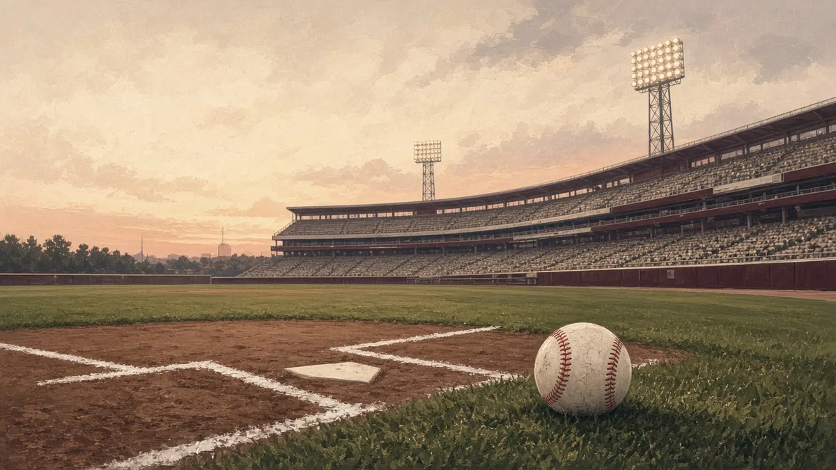 Illustration of an empty baseball stadium at dusk