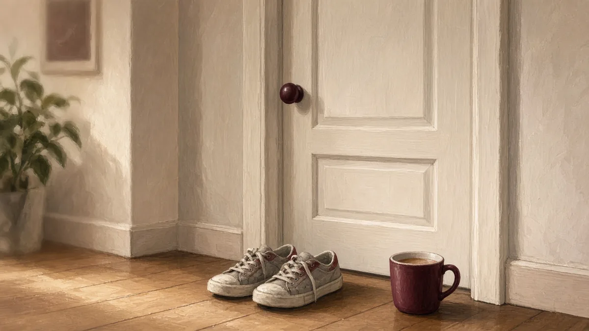 Illustration of a closed bedroom door with sneakers and a mug outside
